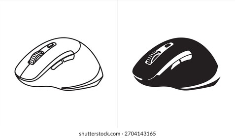 Wireless computer mouse outline and silhouette. PC device on white background. Vector illustration of computer mouse. Isolated vector drawing.