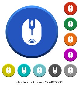 Wireless computer mouse round color beveled buttons with smooth surfaces and flat white icons