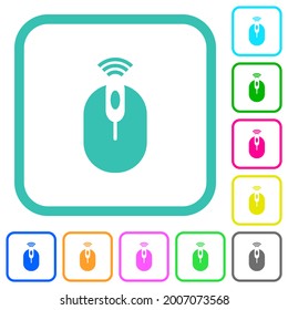 Drahtlose Computermaus mit vibrierenden, farbigen, flachen Symbolen in geschwungenen Rändern auf weißem Hintergrund
