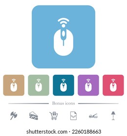 Drahtlose Computer-Maus, weiße, flache Symbole auf farbigen, abgerundeten, quadratischen Hintergrund. 6 Bonussymbole enthalten