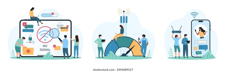 Conexión inalámbrica y acceso, conjunto de prueba de velocidad. Las personas diminutas miden la señal de Internet con el velocímetro inteligente, examinan el Mensaje de error débil o sin red con la Ilustración vectorial de dibujos animados de lupa