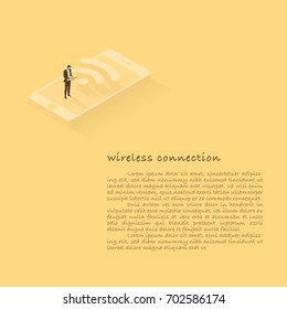 Wireless connection concept. Businessman is using labtop on a smartphone. This concept shows that wireless communication is important to business success and business marketing.