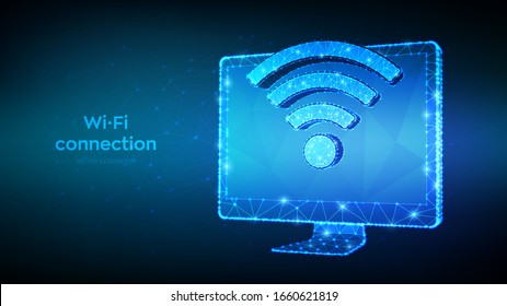Wireless connection free WiFi concept. Abstract low polygonal computer monitor with wi-fi sign. Hotspot signal symbol. Mobile connection zone. Data transfer. Public assess zone. Vector illustration.