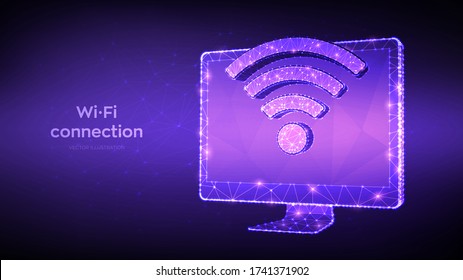 Wireless connection free WiFi concept. Abstract low polygonal computer monitor with wi-fi sign. Hotspot signal symbol. Mobile connection zone. Data transfer. Public assess zone. Vector illustration.