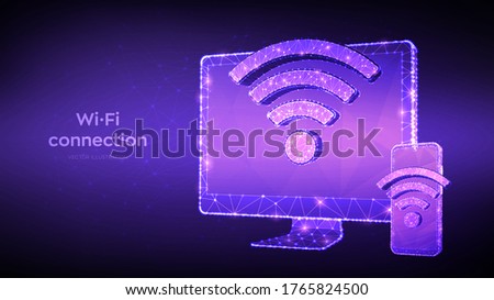 Wireless connection free WiFi concept. Abstract low polygonal computer monitor and smartphone with wi-fi sign. Hotspot signal symbol. Mobile connection zone. Public assess zone. Vector illustration.