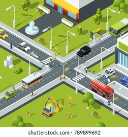 Wireless connection inside urban traffic. Illustration of crossroad in isometric style. City urban connection and communication wireless vector