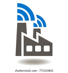 Wireless Connection IOT Factory Vector Icon. WiFi Plant illustration. Smart Connect Industry 4.0 Sign. Internet of Things , IoT Industrial Logo Symbol.