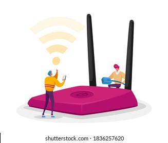Wireless Connection, Modern Technology Concept. Tiny Male Characters Set Up and Use Wifi Router. People Surfing Internet in Free Wi Fi Hotspot Zone, Online Public Assess. Cartoon Vector Illustration