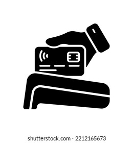 Wireless Connection Payment Terminal Glyph Pictogram. Hand Hold Credit Card Pay Bank Reader Terminal Icon. Cashless Money Transaction Electronic POS Silhouette Icon. Isolated Vector Illustration.