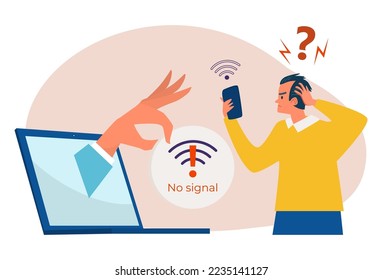 Wireless connection problem concept, vector illustration, flat man character angry about no signal notification from laptop screen.