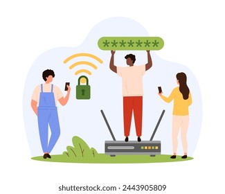 Protección de conexión inalámbrica con contraseña, ciberseguridad y seguridad wifi. Las personas pequeñas protegen el acceso a la red de Internet con encriptación, autorización en línea ilustración vectorial de dibujos animados