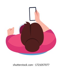 Wireless connection semi flat RGB color vector illustration. Woman holding phone. Person looking at smartphone display. Browse online. Female isolated cartoon character top view on white background