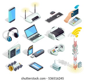 Wireless connection technology electronic gadgets and devices isometric icons collection with printer router and keyboard isolated vector illustration