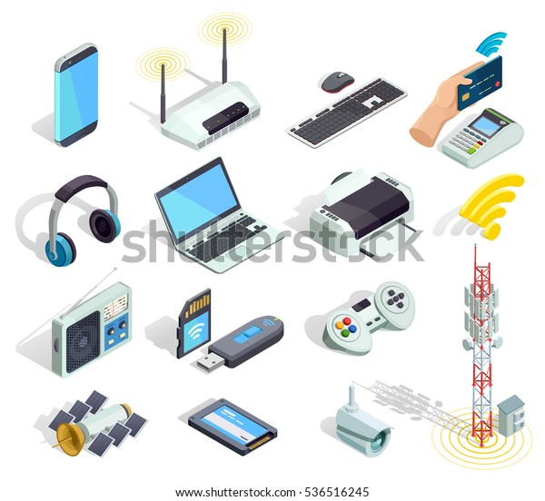 Wireless connection technology electronic\
gadgets and devices isometric icons collection with printer router\
and keyboard isolated vector\
illustration