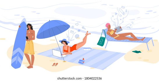 Wireless connection technology for online communication. Man woman sunbathing surfing on beach during rest stay connected via smarphone, digital tablet. Nature, mobile internet, social media concept