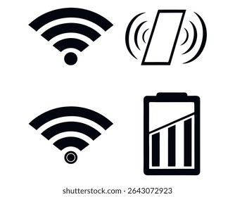 Conjunto de iconos de conectividad inalámbrica y Estado de batería, señal, muestra un conjunto de iconos en blanco y negro que representan la conexión WiFi, el punto de acceso WiFi y el nivel de la batería y los iconos de energía de la batería, inalámbricos