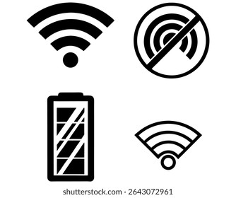 Wireless Connectivity and Battery Status Icons Set, Signal, showcases a set of black and white icons representing WiFi connection, WiFi access point, and battery level and Battery Power Icons, wireles