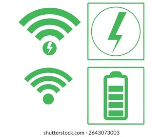 Wireless Connectivity and Battery Status Icons, Green Icons Representing Wireless, Battery, and Solar Power, icon set, green icons, wireless, wifi, battery, charging, solar power, solar panel, energy,