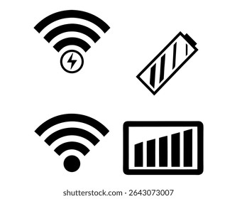 Conjunto de ícones de status de conectividade sem fio e bateria, Sinal, apresenta um conjunto de ícones em preto e branco que representam a conexão WiFi, o ponto de acesso WiFi e os ícones de nível de bateria e energia da bateria, wireless