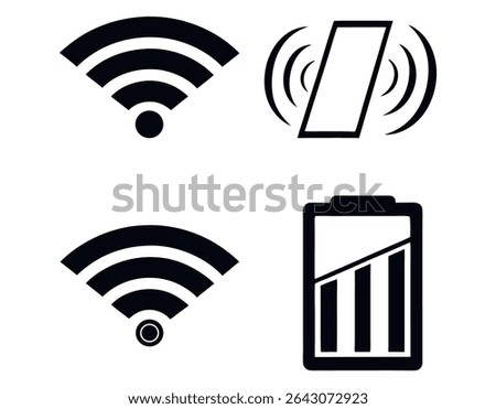 Wireless Connectivity and Battery Status Icons Set, Signal, showcases a set of black and white icons representing WiFi connection, WiFi access point, and battery level and Battery Power Icons, wireles
