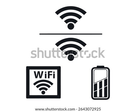 Wireless Connectivity and Battery Status Icons Set, Signal, showcases a set of black and white icons representing WiFi connection, WiFi access point, and battery level and Battery Power Icons, wireles