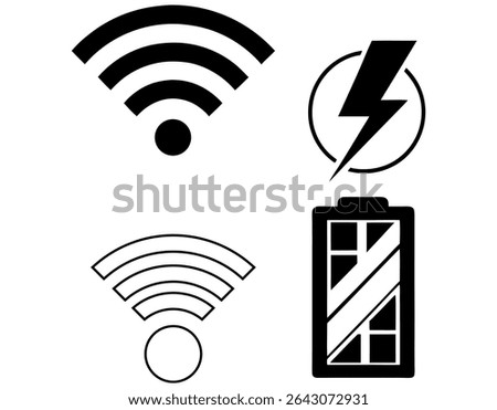 Wireless Connectivity and Battery Status Icons Set, Signal, showcases a set of black and white icons representing WiFi connection, WiFi access point, and battery level and Battery Power Icons, wireles