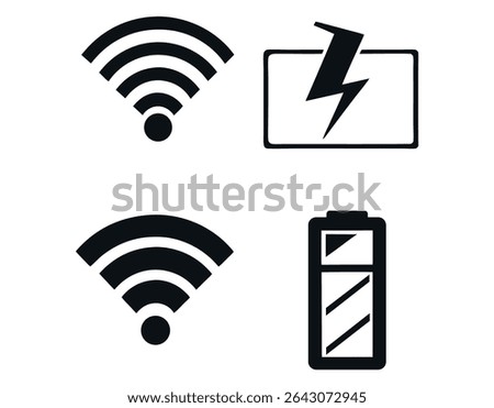 Wireless Connectivity and Battery Status Icons Set, Signal, showcases a set of black and white icons representing WiFi connection, WiFi access point, and battery level and Battery Power Icons, wireles