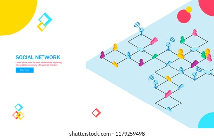 Wireless connectivity, multiple user connected through internet. Isometric design for Social Networking landing page.