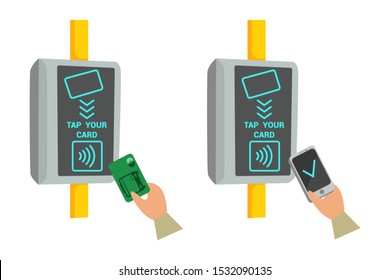 Wireless contactless cashless payments validator flat vector illustration. Bus, metro, airport, subway, public transport ticket validator. RFID Technology, payment in the terminal by card and phone