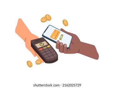 Wireless and contactless way of paying, payment with smartphone with NFC. Isolated terminal and phone, dollar coins and cash, client and seller in shop. Vector in flat style illustration