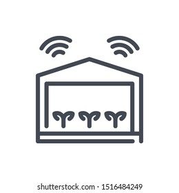 Wireless control of greenhouse line icon. Greenhouse with wireless signal and sprouts vector outline sign.