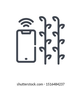 Wireless control of plant growth line icon. Mobile phone with wireless signal and plants vector outline sign.
