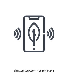Wireless control of plant growth line icon. Mobile phone with wireless signal and leaf on display vector outline sign.