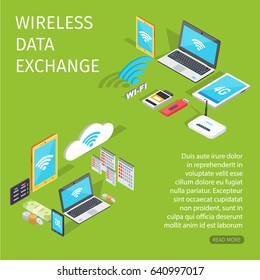 Wireless data exchange equipment for connection. Vector illustration of wi-fi sign, flash memory, network router, open laptop, white tablet, yellow telephone, green money and coins, flip-flop calendar