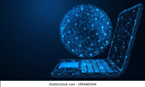 Wireless data network. Global map of the world and a personal computer. Low-poly construction of concatenated lines and dots. Blue background.