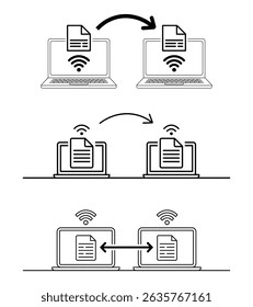 Wireless data sharing icon between laptops and  web search icon set 