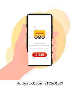 Wireless delivery service badge. Fast time delivery order with car on white background. Vector illustration