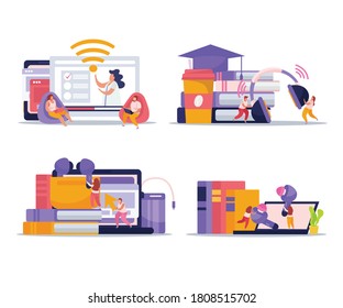 Wireless devices concept 4 flat compositions with smartphone tablet laptop ebooks reader earbuds earphones isolated vector illustrations