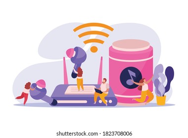 Wireless devices flat background composition with player earbuds loudspeaker dancing characters typing on laptop man vector illustration 