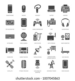 Wireless devices flat glyph icons. Wifi internet connection technology signs. Router, computer, smartphone, tablet, laptop, printer, satellite. Vector silhouette illustration for electronic store.