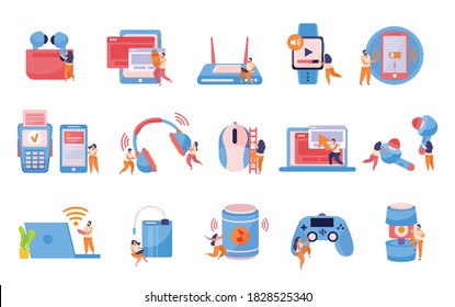 Wireless devices flat icons set with smartphone mobile card payment smartwatch game controller earbuds recolor vector illustration