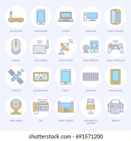 Wireless devices flat line icons. Wifi internet connection technology signs. Router, computer, smartphone, tablet, laptop, printer, satellite. Vector illustration colored sign for electronic store.