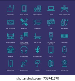 Wireless devices flat line icons. Wifi internet connection technology signs. Router, computer, smartphone, tablet, laptop, printer, satellite. Vector linear illustration linear for electronic store.