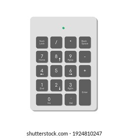 Wireless digital keyboard for computer complete with numbers, function keys and power indicator. A modern image of a computer keyboard. Flat vector illustration