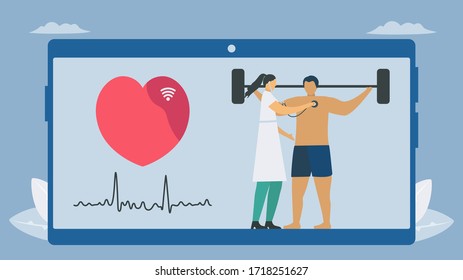 Wireless digital stethoscope. New technology for heart rate checking. Vector elements isolated on blue background.