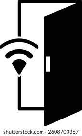Wireless door icon, black design in trendy style. lock system. an open door with a wifi symbol on it
