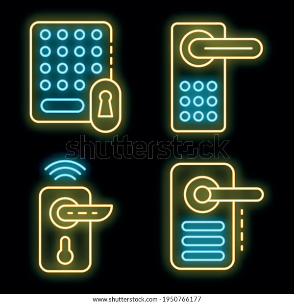 Wireless door lock icons set. Outline\
set of wireless door lock vector icons neon color on\
black