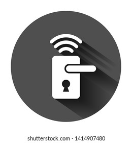 Wireless door lock sign icon in flat style. Smart home vector illustration on black round background with long shadow. Remote system business concept.