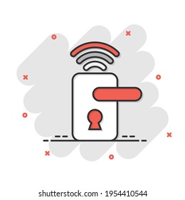 Wireless door lock sign icon in comic style. Smart home vector cartoon illustration on white isolated background. Remote system business concept splash effect.
