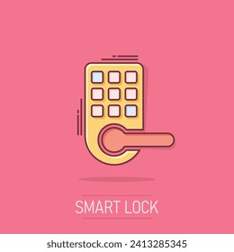 Wireless door lock sign icon in comic style. Smart home vector cartoon illustration on white isolated background. Remote system business concept splash effect.